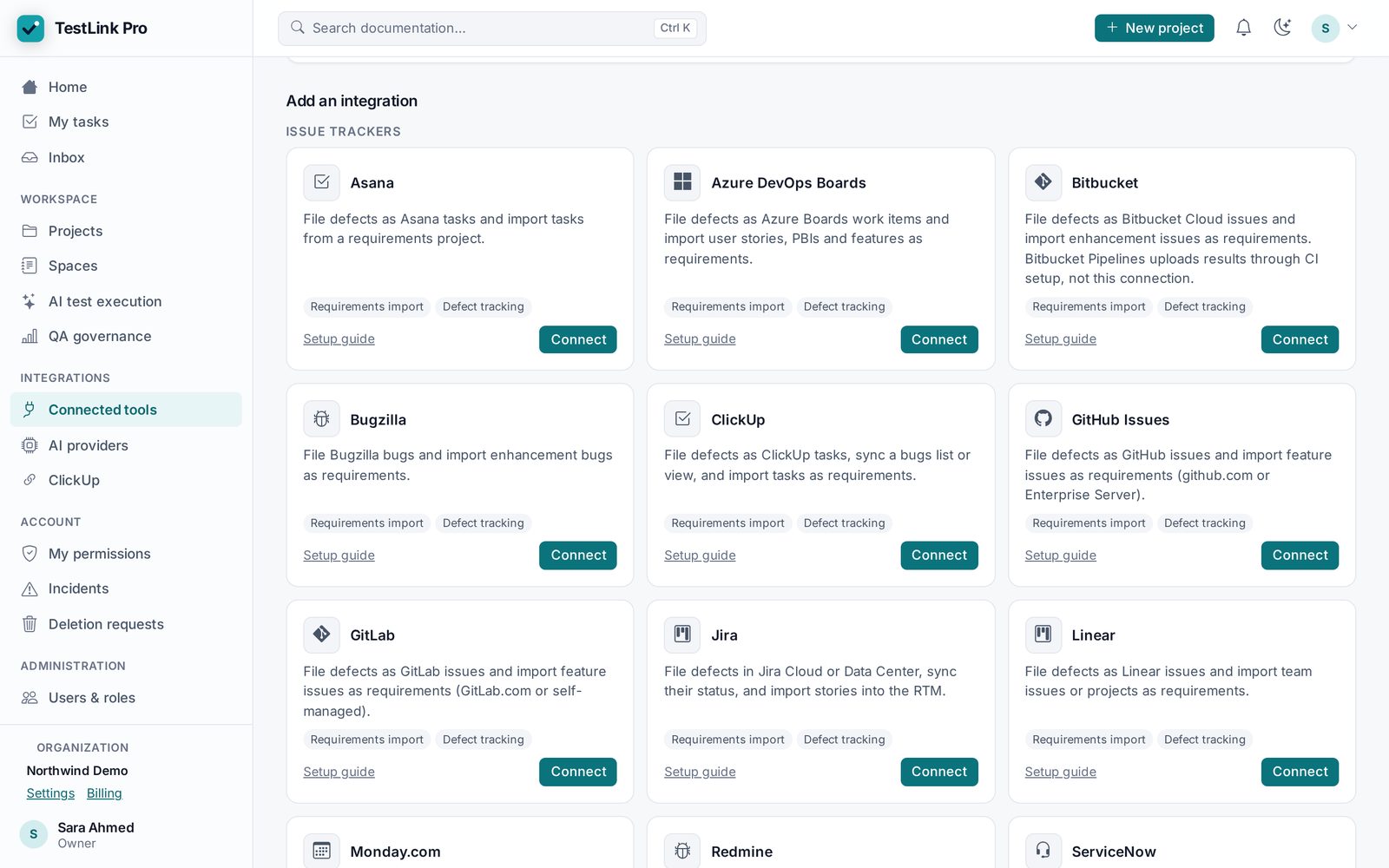The integrations page in TestLinkPro listing issue trackers such as Asana, Azure DevOps, Bitbucket, ClickUp, GitHub, GitLab and Jira