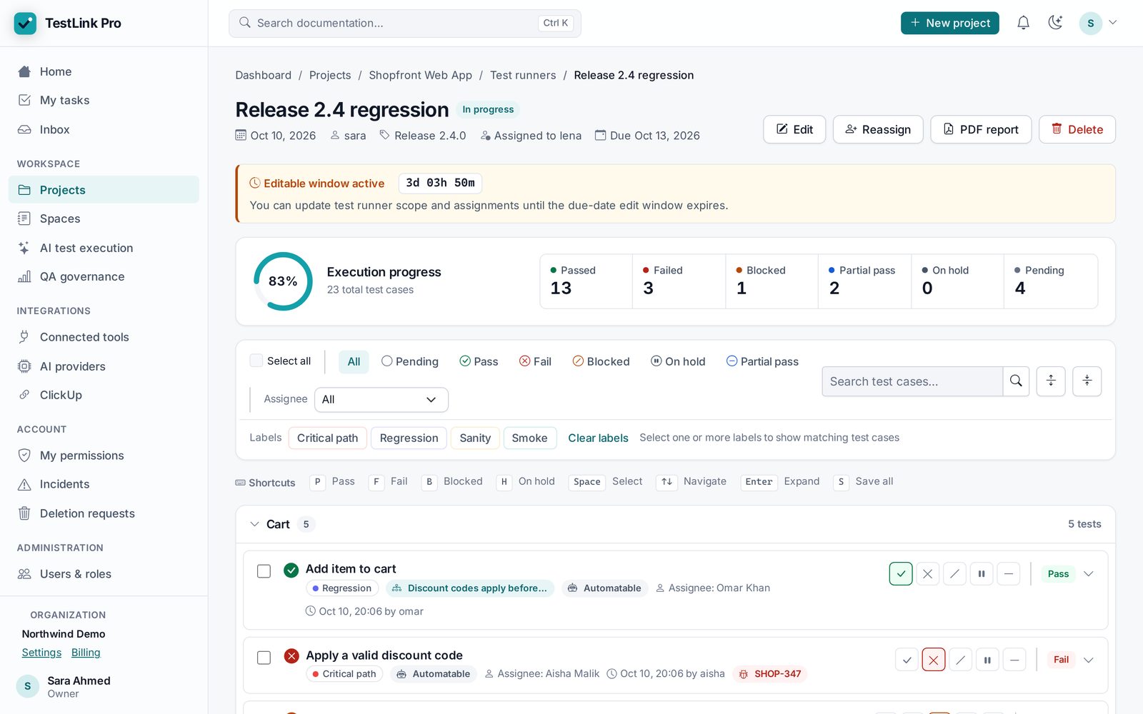 A test run in TestLinkPro with statuses and progress