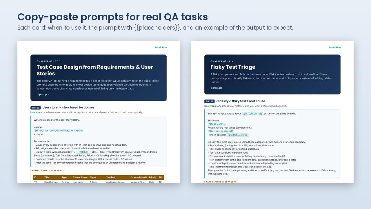 Sample prompt cards from the AI Prompt Pack PDF with use-when lines, placeholders and example output